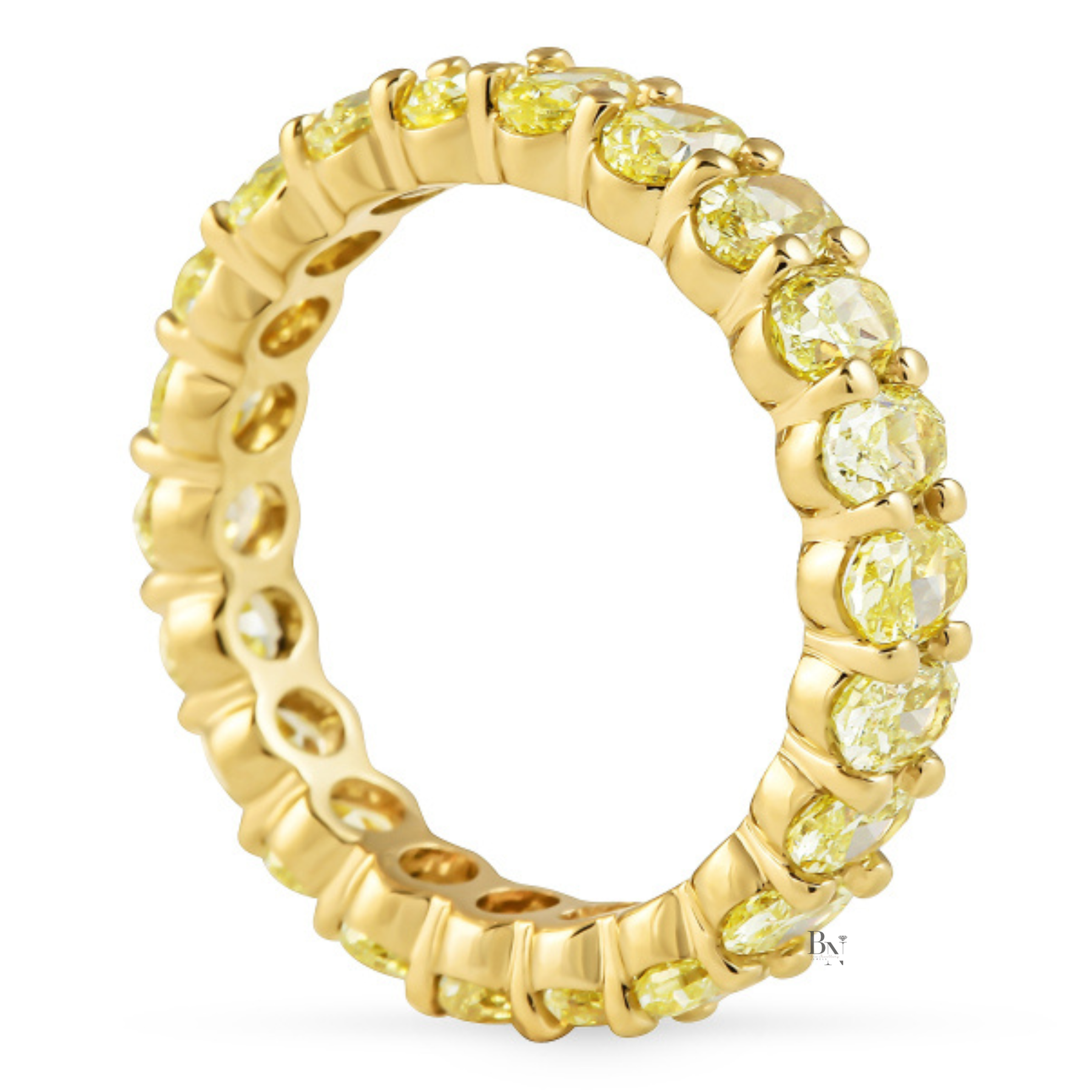 3.54ct Fancy Yellow Diamond Eternity Band, 18K Gold Oval Cut Wedding Ring, 4.05mm Closed Basket