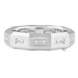 Geometric Mens Lab Diamond Wedding Band, Faceted 14K Gold Ring, Matte Baguette Statement Band