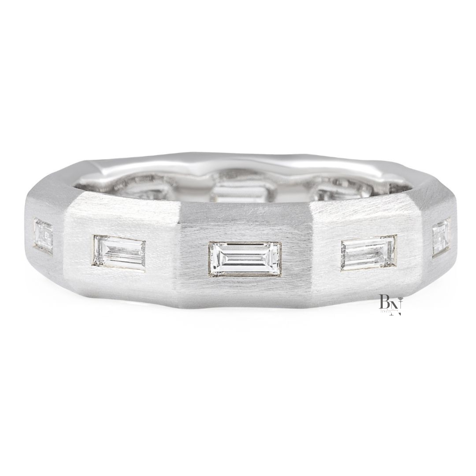 Geometric Mens Lab Diamond Wedding Band, Faceted 14K Gold Ring, Matte Baguette Statement Band
