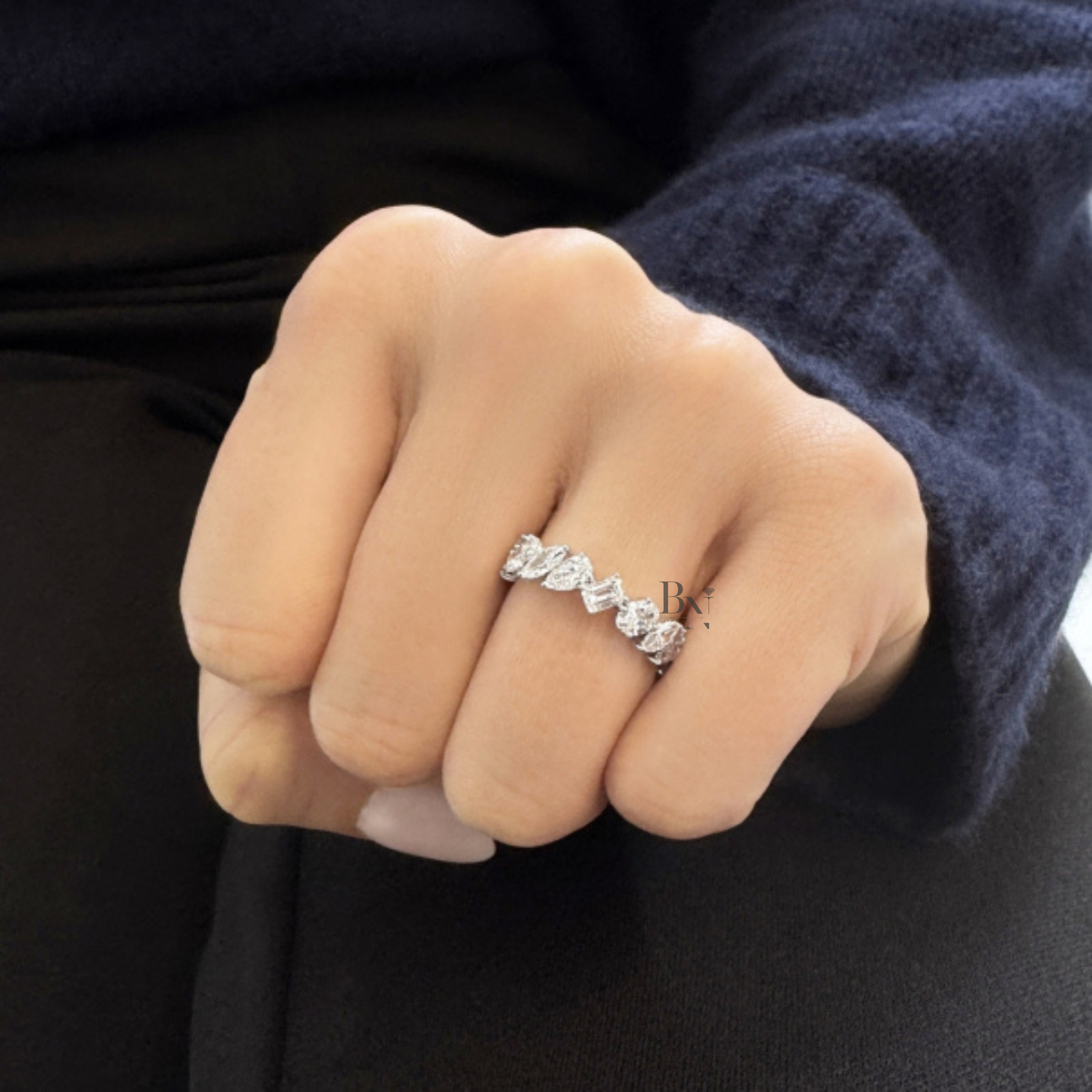 3.20ct Multi Shape Lab Grown Diamond Eternity Band, Mixed Cut Slanted Wedding Ring, 5mm