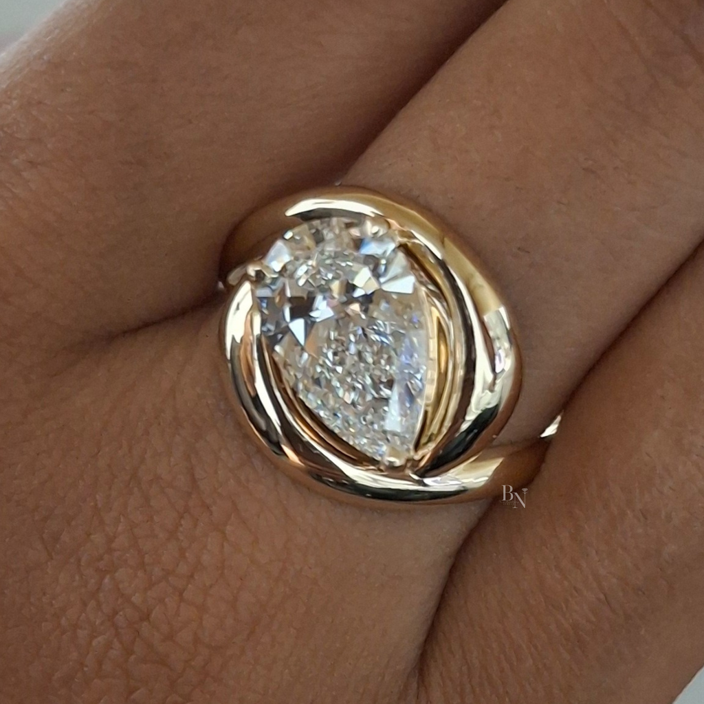 3ct Pear Cut Lab Grown Diamond Engagement Ring | Solid 14k Gold Unique Swirl Bypass Setting | Modern Teardrop Solitaire | Bridal Jewelry
