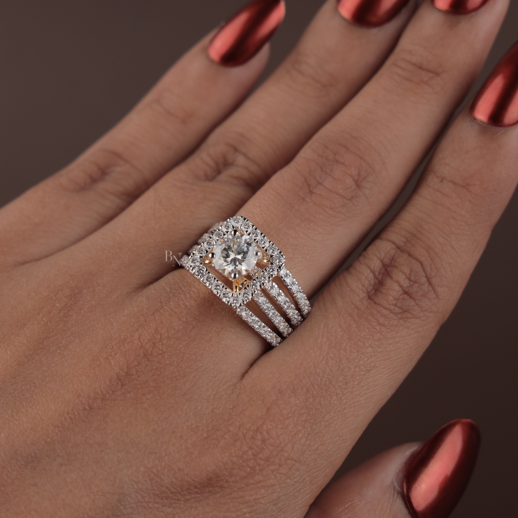 1ct Round Lab Grown Diamond Engagement Ring | Square Halo Triple Pavé Band 14K Yellow Gold