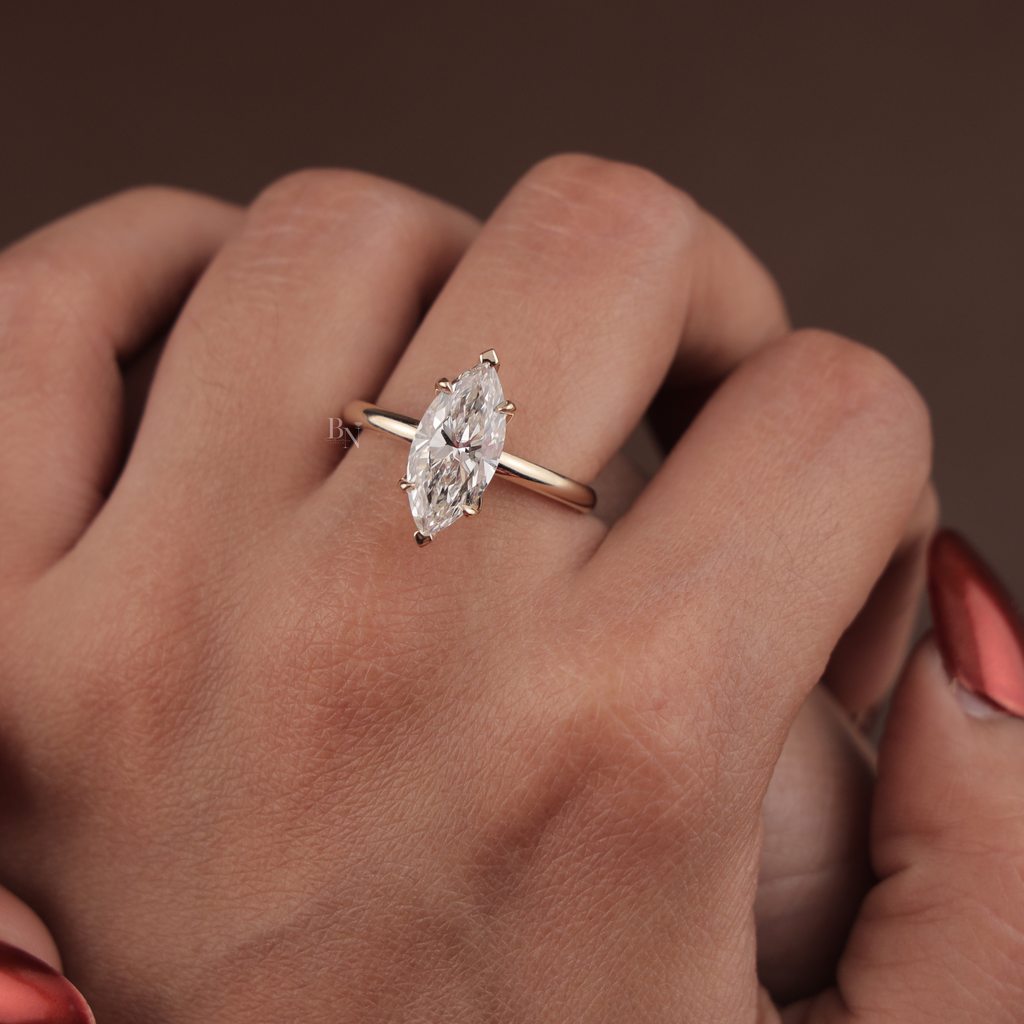 2 Carat Marquise Lab Diamond Bridal Set | Modern Wedding Set with Matte Gold Flush Set Band | Yellow Gold | IGI Certified Lab Diamond