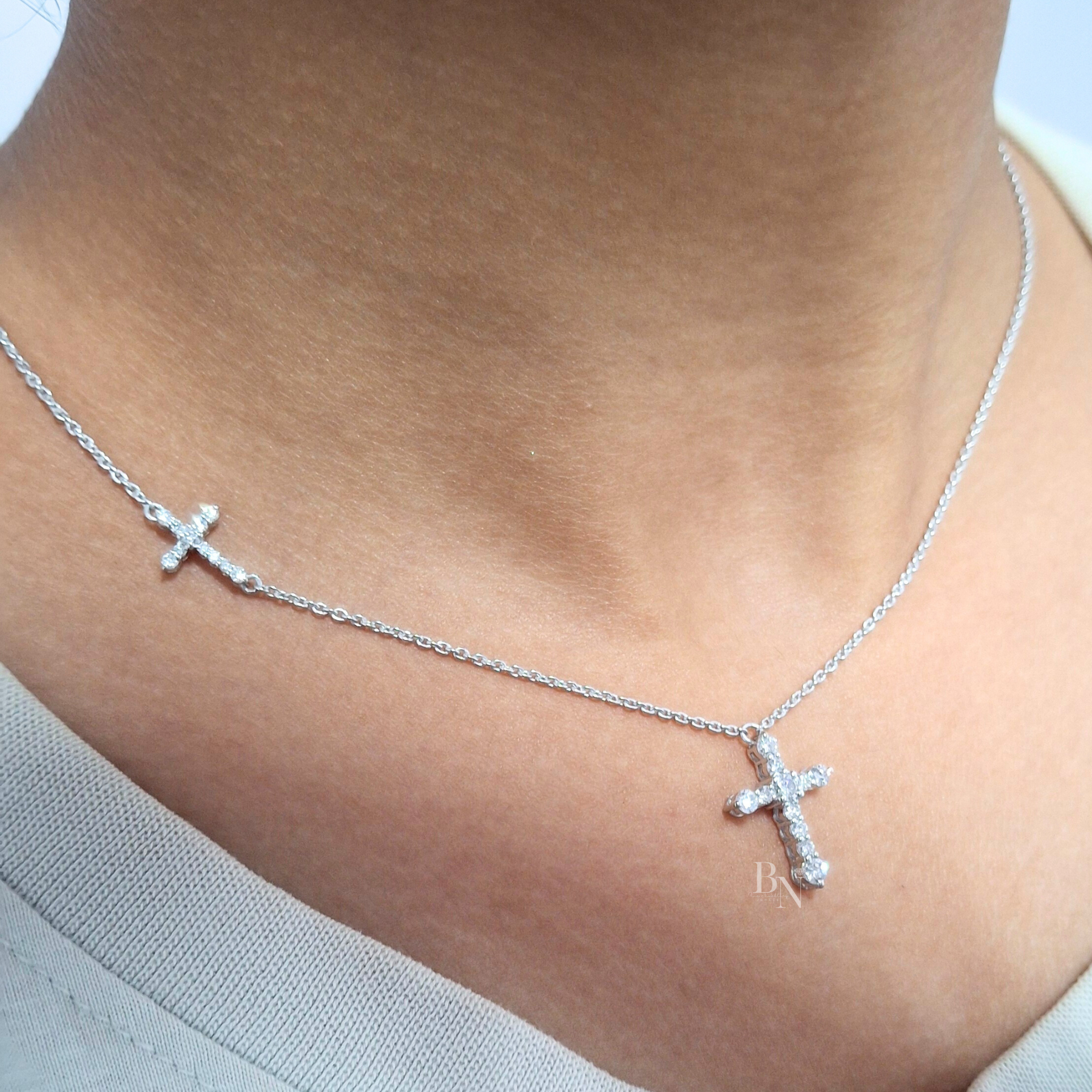 2ctw Round Lab Grown Diamond Cross Necklace | Double Cross Pendant 14K Yellow Gold