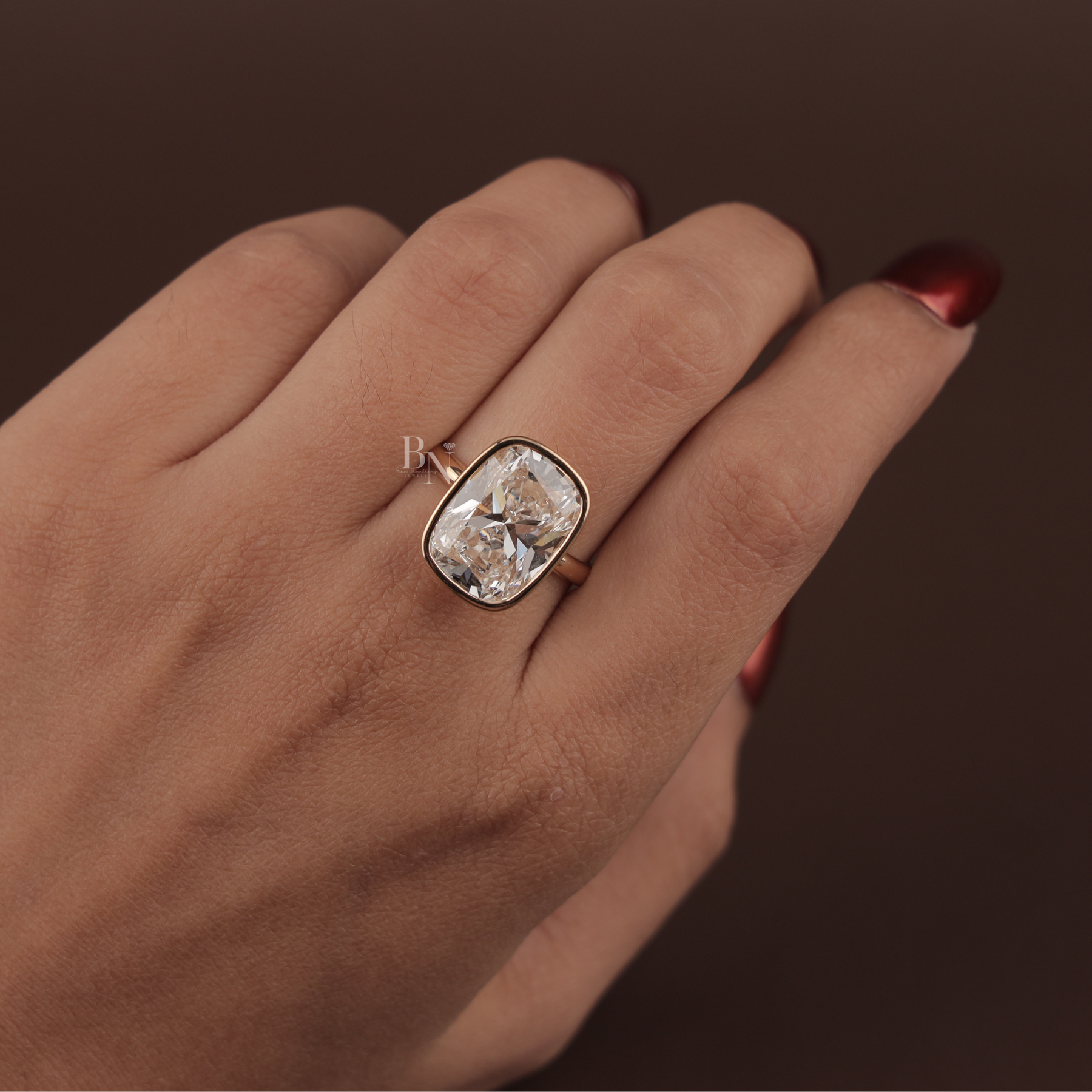 7ct Cushion Lab Grown Diamond Engagement Ring | Modern Bezel Set Solitaire 14K Yellow Gold