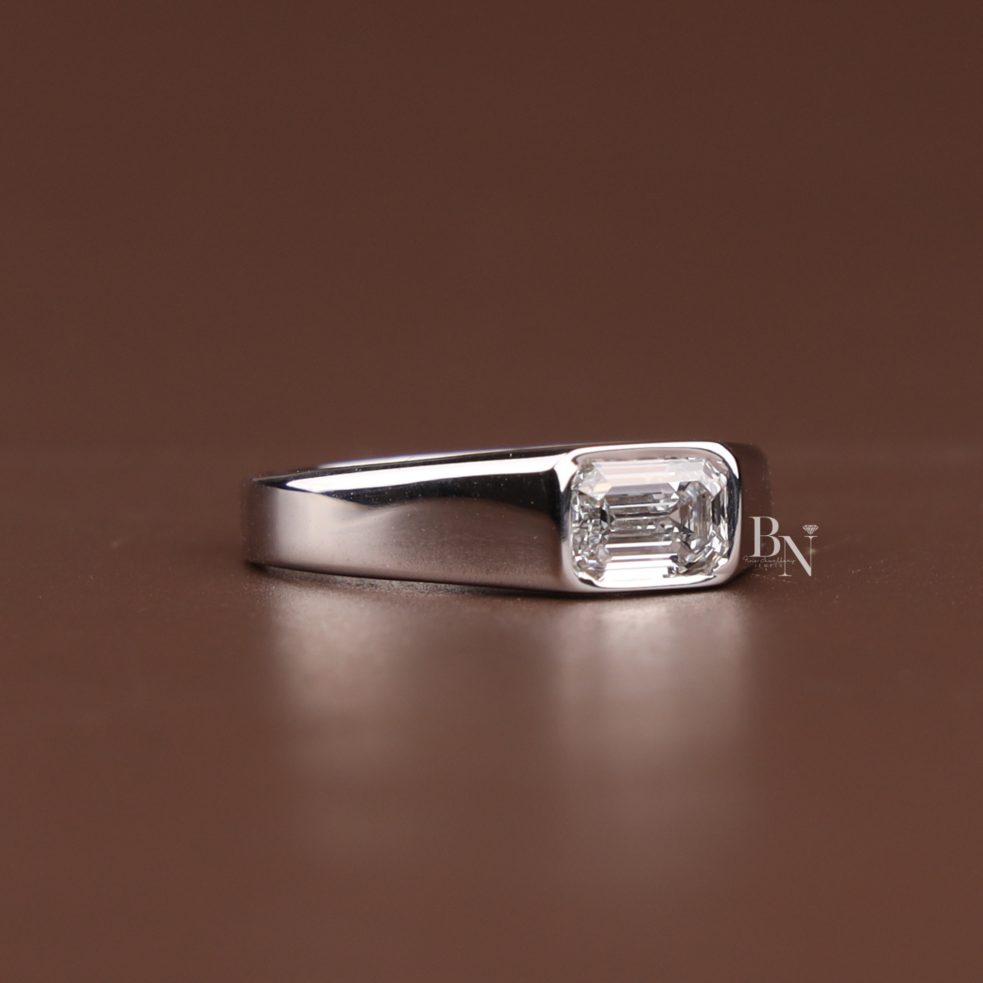 1ct Emerald Cut Lab Grown Diamond Engagement Ring | 14K Yellow Gold Bezel Set Signet Ring | East West Emerald Diamond | IGI Certified |