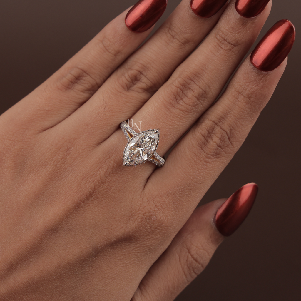 3ct Marquise Lab Grown Diamond Engagement Ring | Hidden Halo Pave Bridal Ring | 14K Yellow Gold Split Shank | IGI Certified | Promise Ring