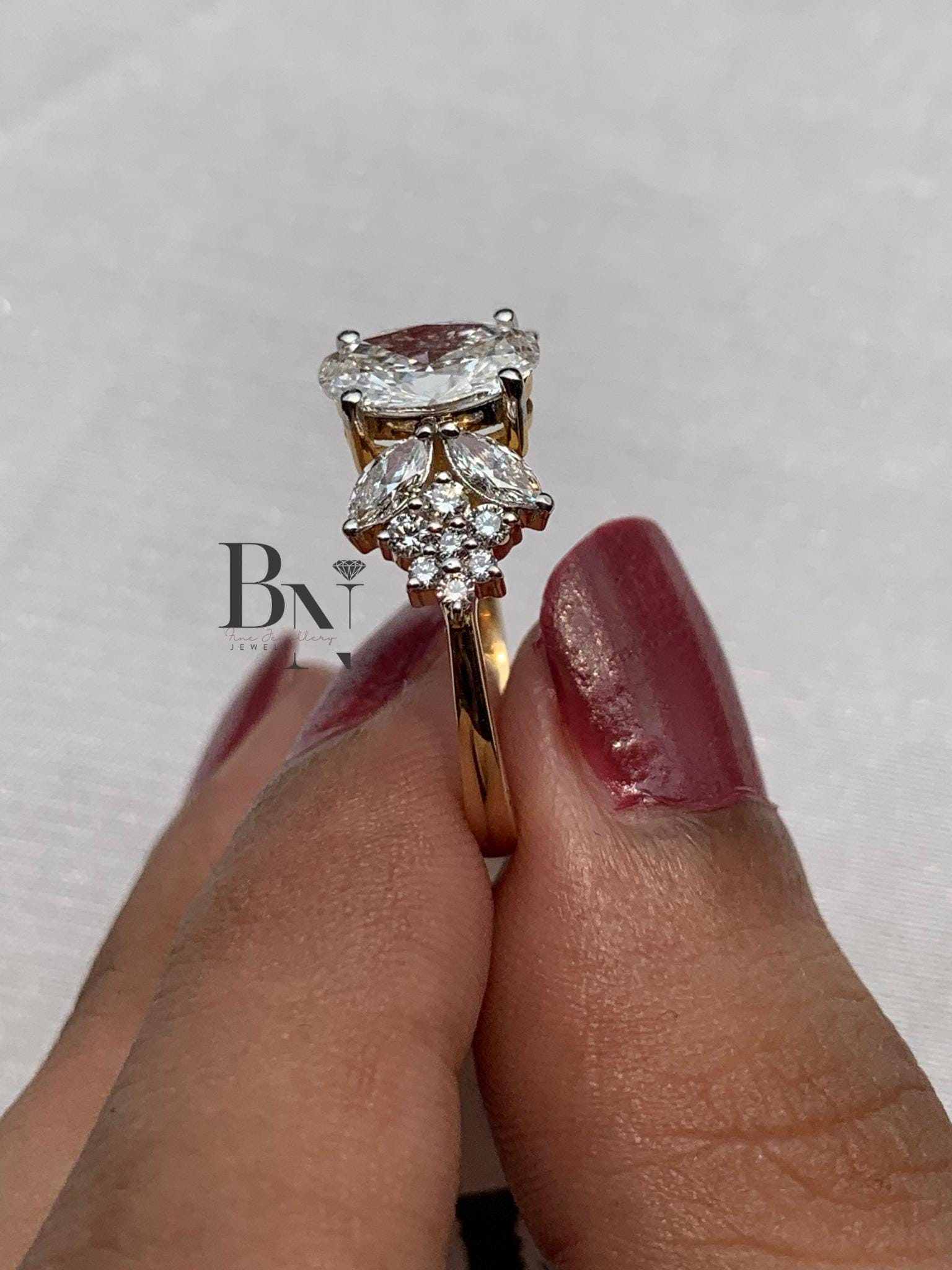 1ct Oval Lab Grown Diamond Engagement Ring | Butterfly Marquise Cluster 14K Gold