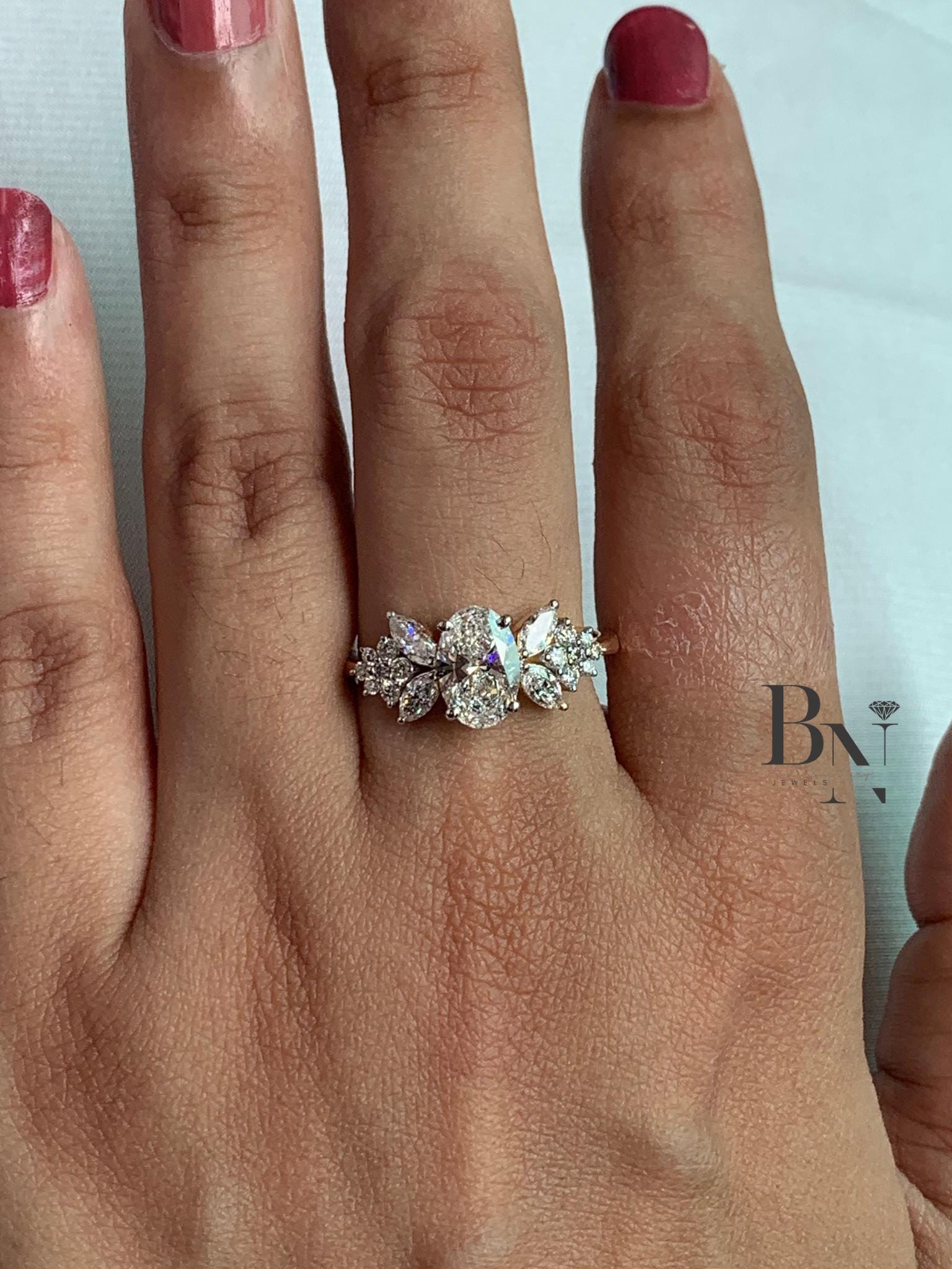 1ct Oval Lab Grown Diamond Engagement Ring | Butterfly Marquise Cluster 14K Gold