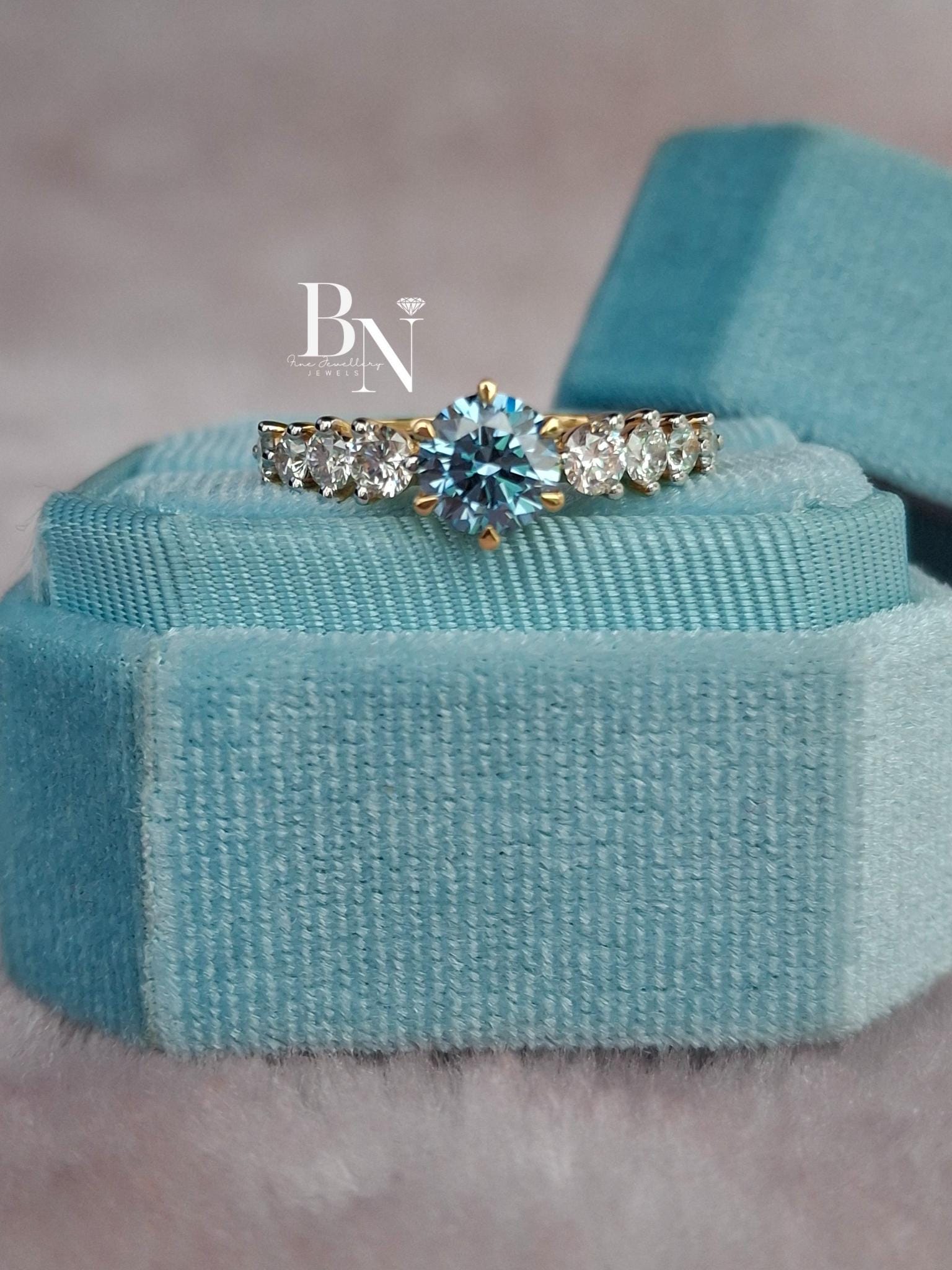 1.00 CT Blue Diamond Engagement Ring 1ct | Graduated Diamond Band 14k Gold | Something Blue Wedding Ring | Unique Statement Ring