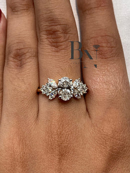1ct Oval Lab Grown Diamond Engagement Ring | Butterfly Marquise Cluster 14K Gold