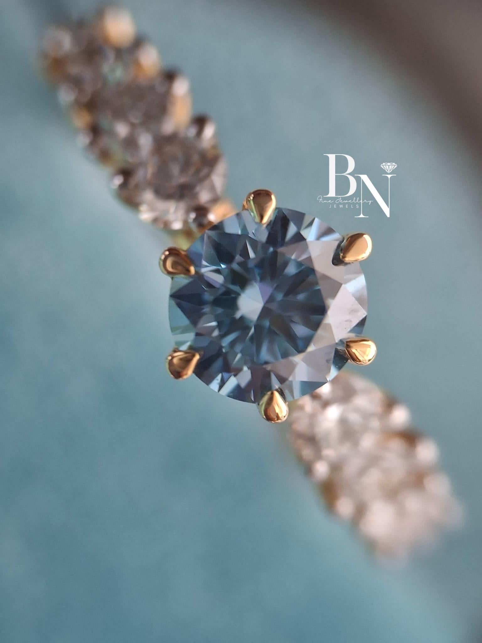 1ct Blue Lab Grown Diamond Engagement Ring | Graduated Band 14K Gold