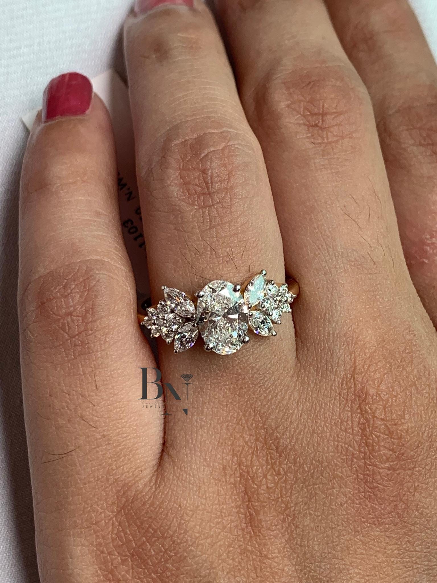 1ct Oval Lab Grown Diamond Engagement Ring | Butterfly Marquise Cluster 14K Gold