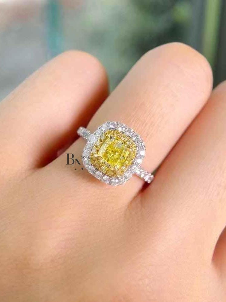 1ct Fancy Yellow Cushion Lab Grown Diamond Engagement Ring | Double Halo Pavé Band 14K Gold