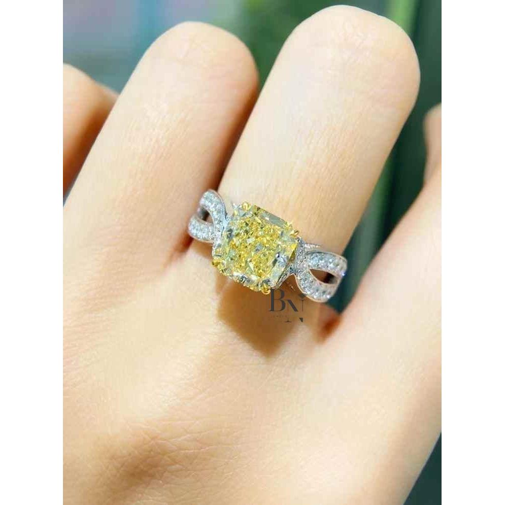 3ct Fancy Yellow Cushion Lab Grown Diamond Engagement Ring | Solitaire 14K Gold