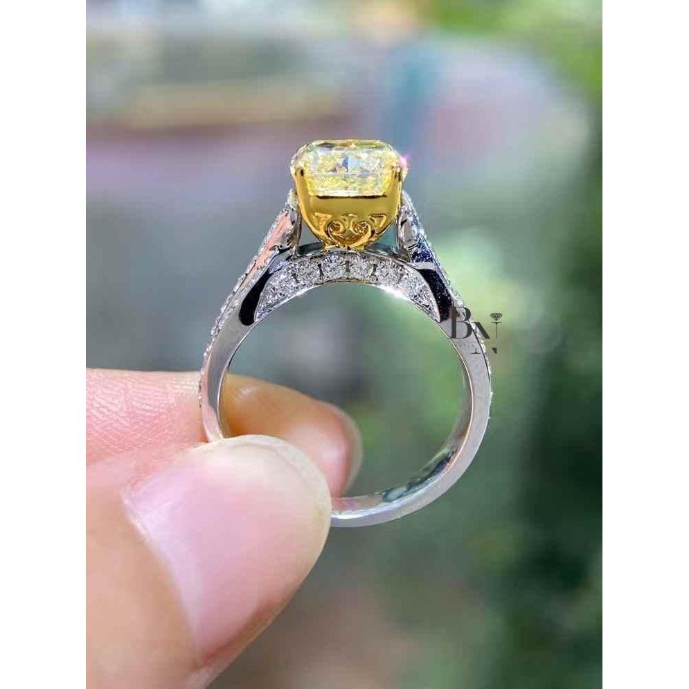 3ct Fancy Yellow Cushion Lab Grown Diamond Engagement Ring | Solitaire 14K Gold