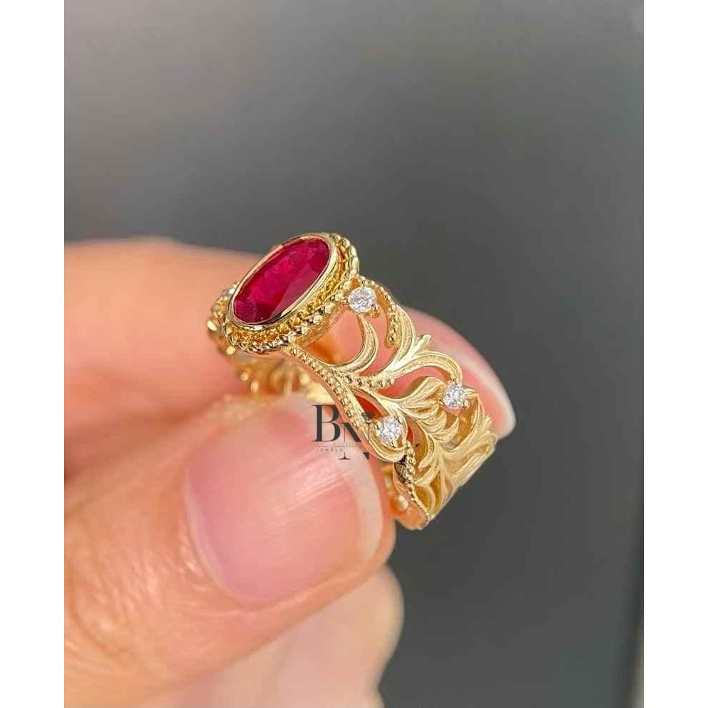 1ct Ruby Engagement Ring | Art Nouveau Filigree 18K Yellow Gold