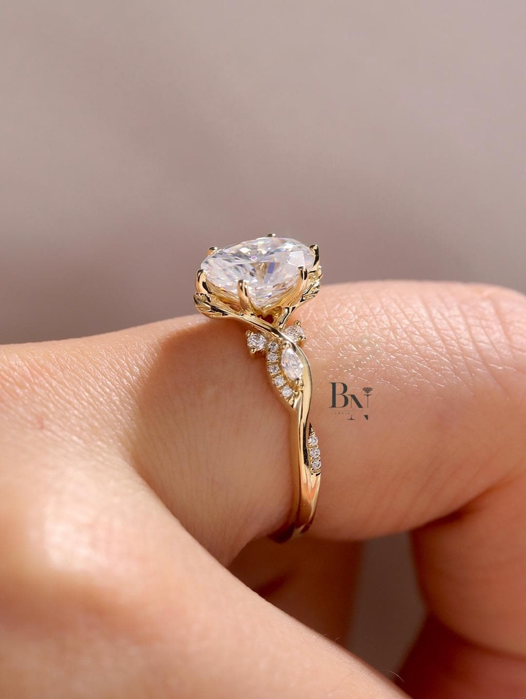 1ct Oval Lab Grown Diamond Engagement Ring | Nature Inspired Twisted Vine Band 14K Gold