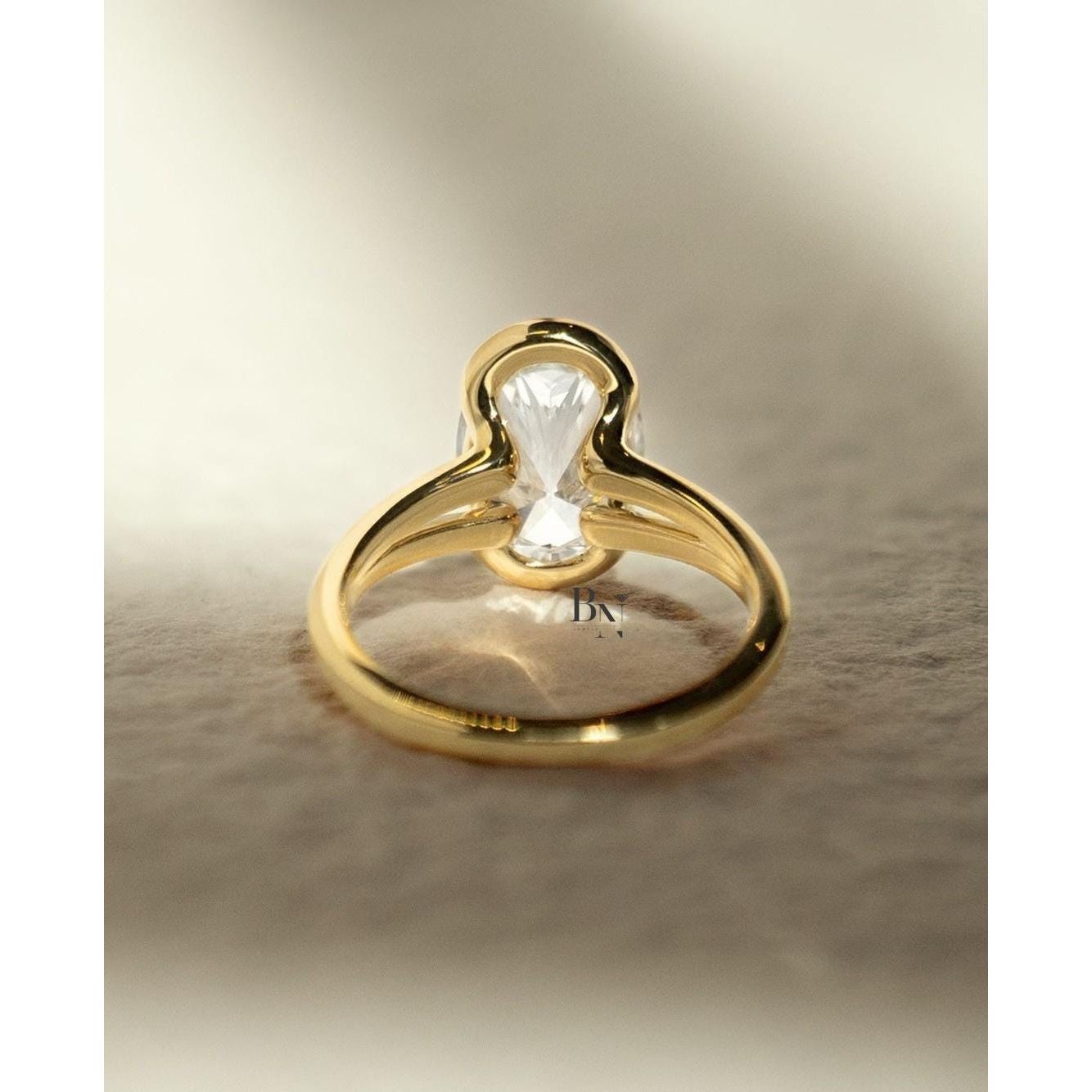 3ct Oval Lab Grown Diamond Engagement Ring | Half Bezel Split Shank Solitaire 14K Gold