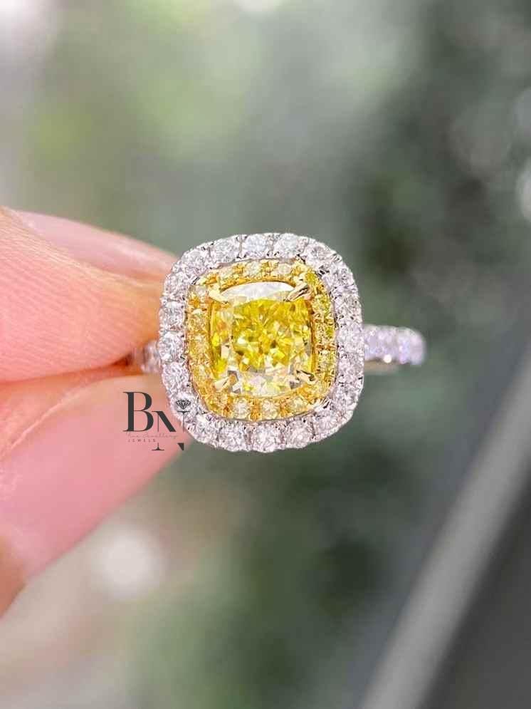 1ct Fancy Yellow Cushion Lab Grown Diamond Engagement Ring | Double Halo Pavé Band 14K Gold