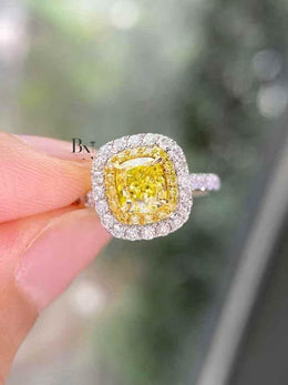 1ct Fancy Yellow Cushion Lab Grown Diamond Engagement Ring | Double Halo Pavé Band 14K Gold