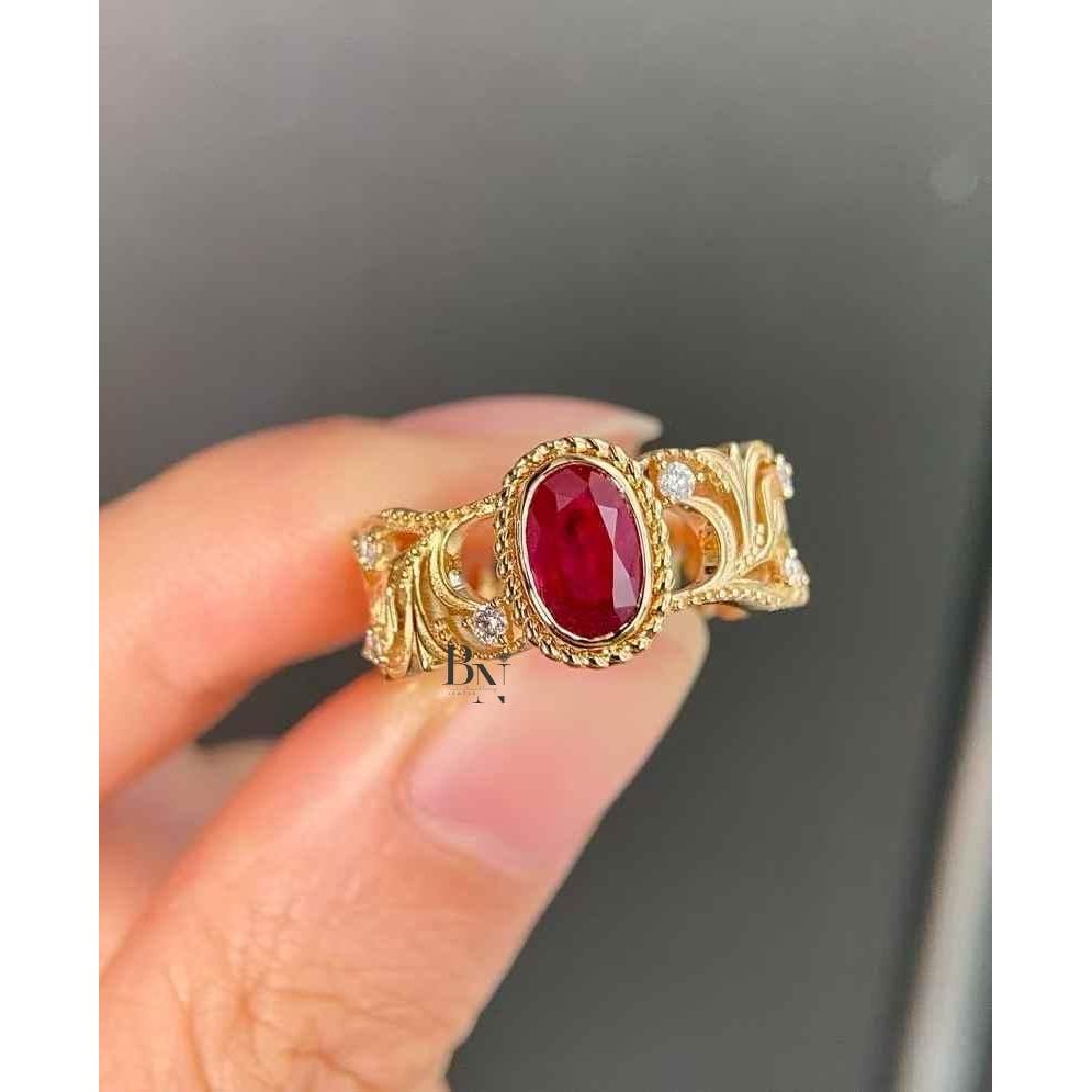 1ct Ruby Engagement Ring | Art Nouveau Filigree 18K Yellow Gold