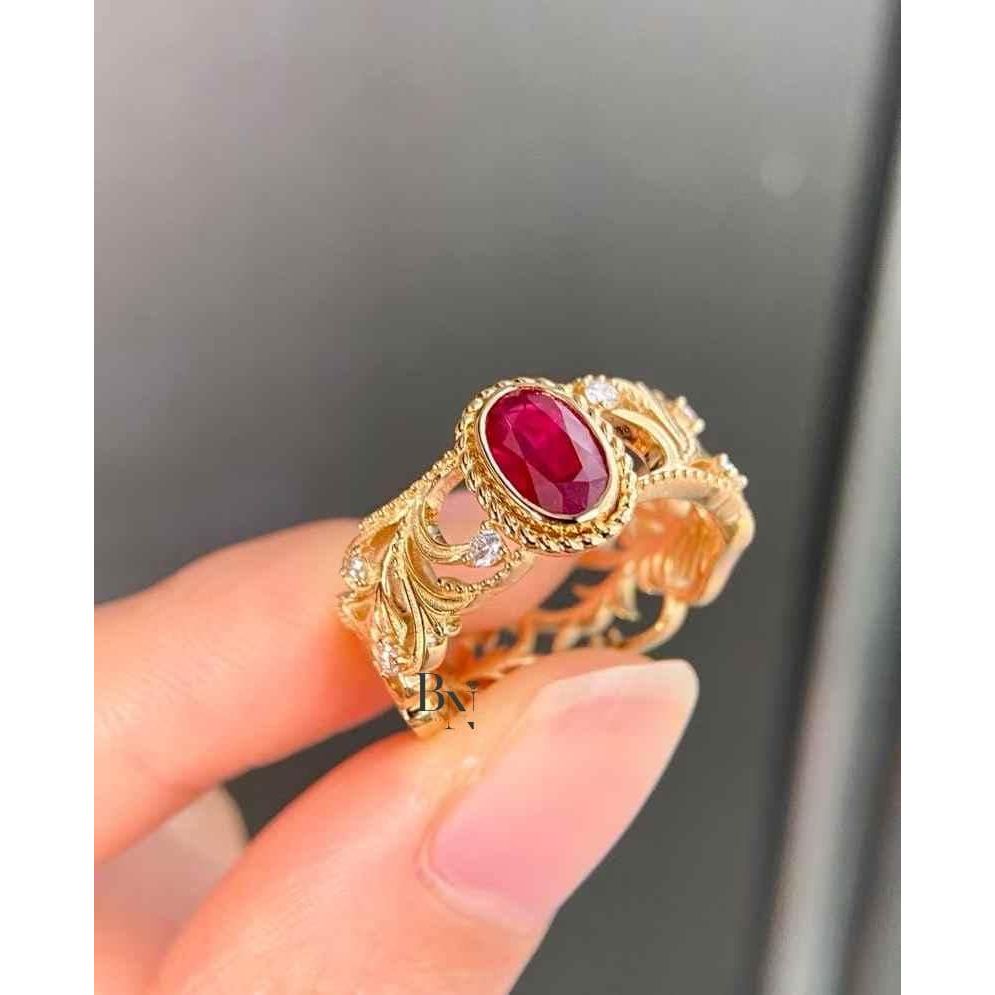 1ct Ruby Engagement Ring | Art Nouveau Filigree 18K Yellow Gold