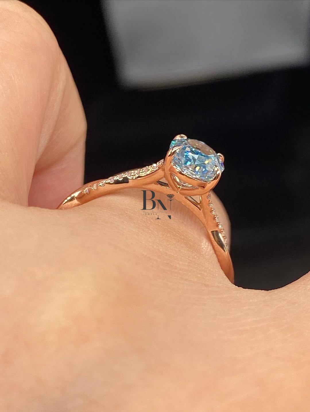 1.50ct Oval Blue Lab Grown Diamond Engagement Ring | Twisted Pavé Band 14K Rose Gold