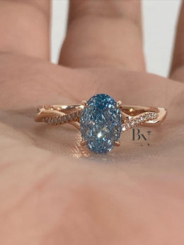 1.50ct Oval Blue Lab Grown Diamond Engagement Ring | Twisted Pavé Band 14K Rose Gold