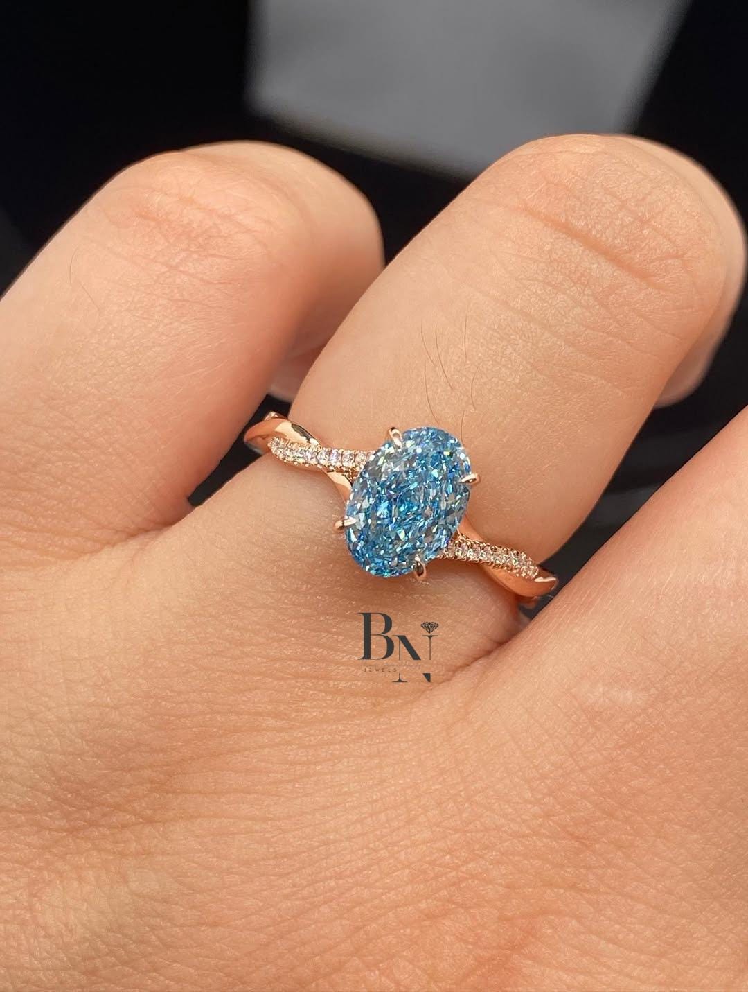 1.50ct Oval Blue Lab Grown Diamond Engagement Ring | Twisted Pavé Band 14K Rose Gold
