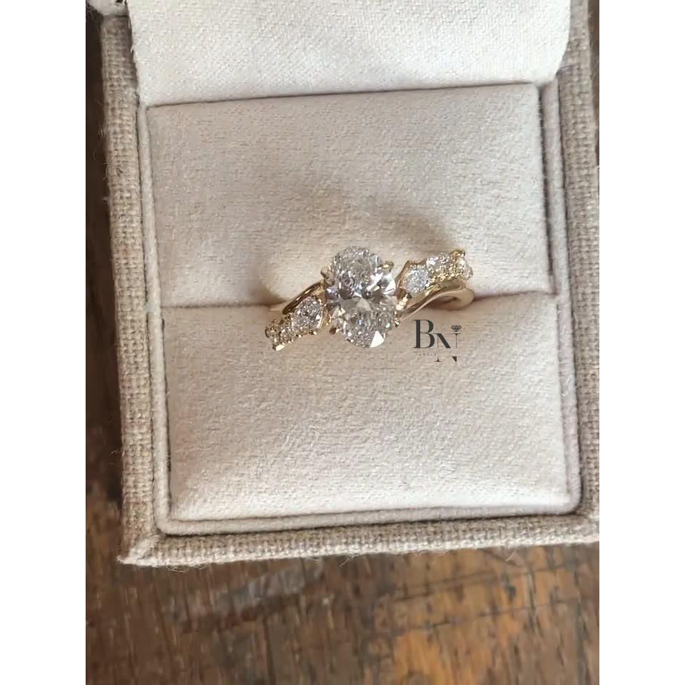 1ct Oval Lab Grown Diamond Engagement Ring | Nature Inspired Asymmetrical Cluster 14K Yellow Gold