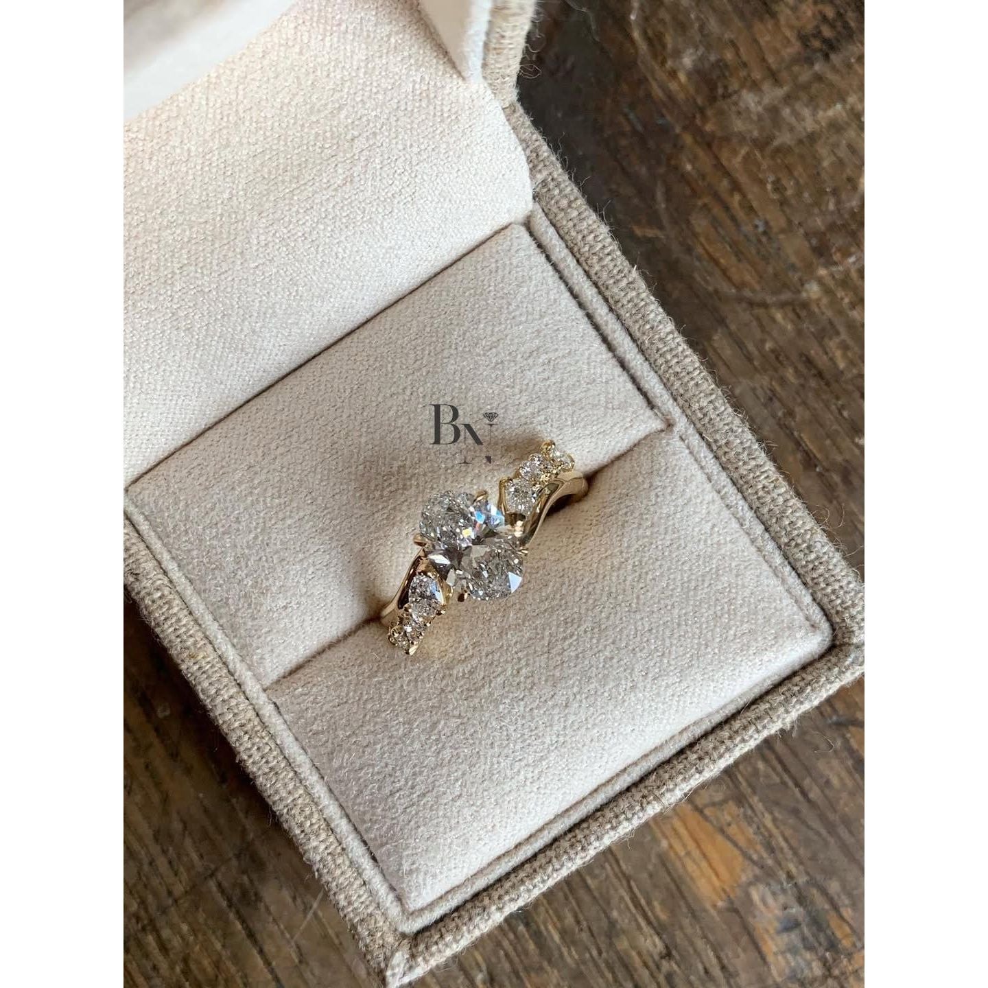 1ct Oval Lab Grown Diamond Engagement Ring | Nature Inspired Asymmetrical Cluster 14K Yellow Gold