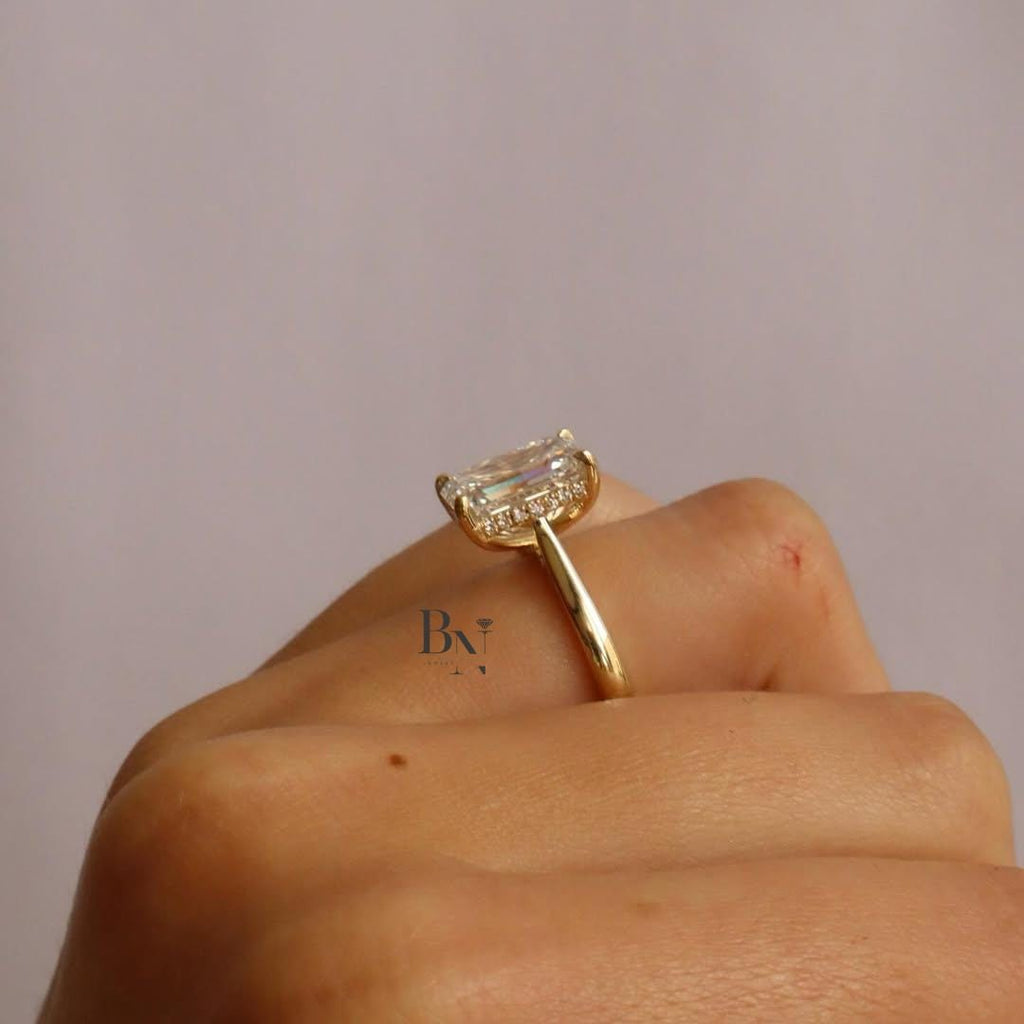3.75 CT Emerald Cut Lab Grown Diamond Ring, IGI Certified Diamond, 14k Gold Hidden Halo Solitaire, Engagement Ring, Anniversary Gift Women