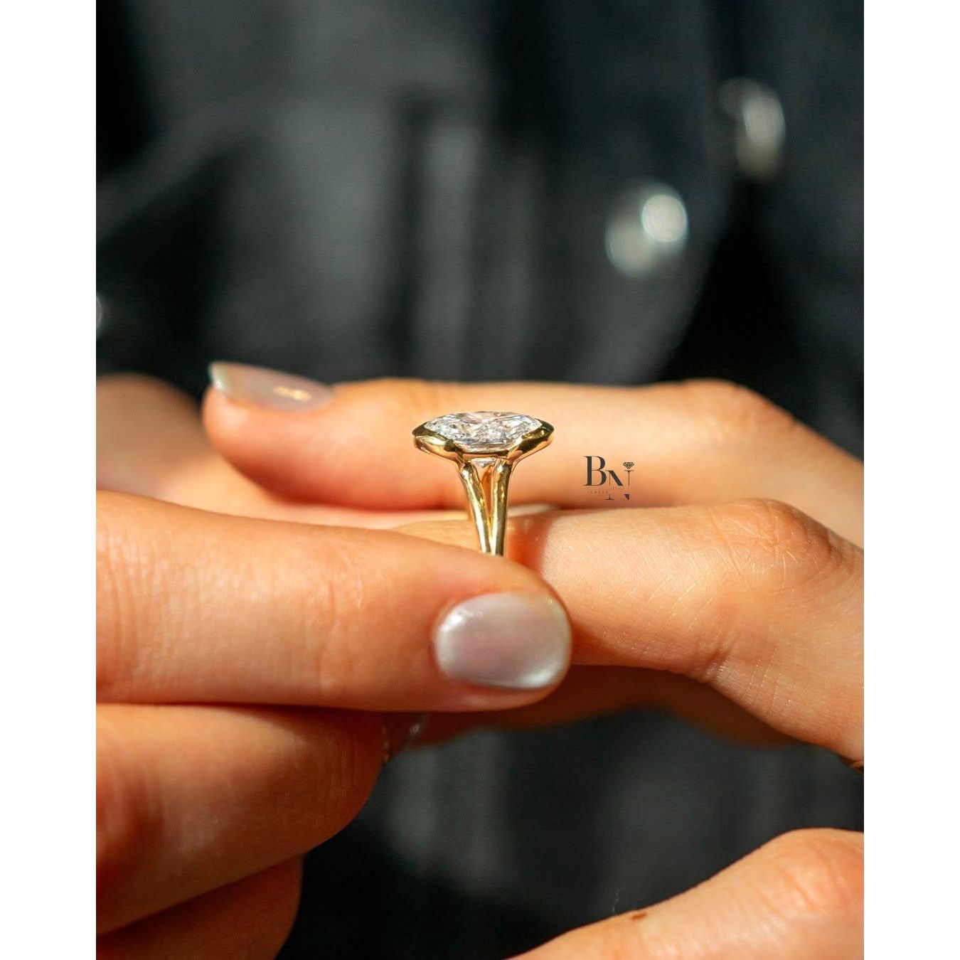 3ct Oval Lab Grown Diamond Engagement Ring | Half Bezel Split Shank Solitaire 14K Gold