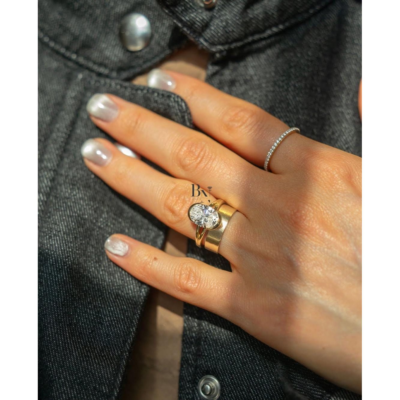 3ct Oval Lab Grown Diamond Engagement Ring | Half Bezel Split Shank Solitaire 14K Gold