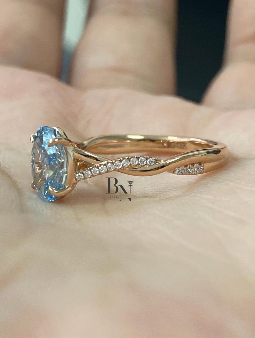 1.50ct Oval Blue Lab Grown Diamond Engagement Ring | Twisted Pavé Band 14K Rose Gold