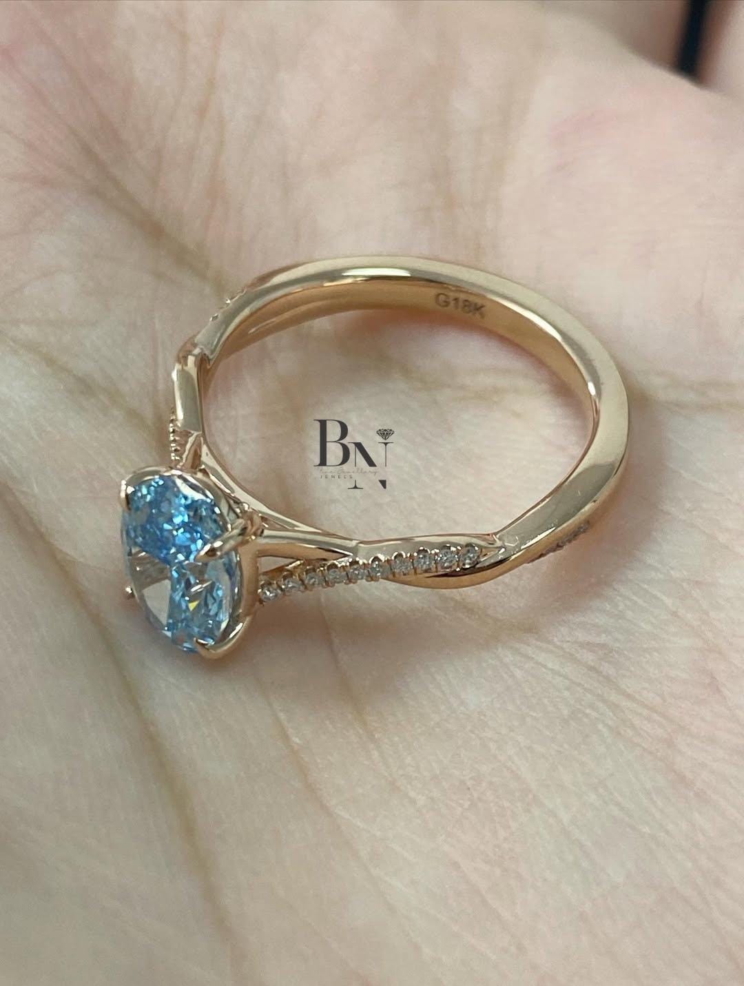 1.50ct Oval Blue Lab Grown Diamond Engagement Ring | Twisted Pavé Band 14K Rose Gold