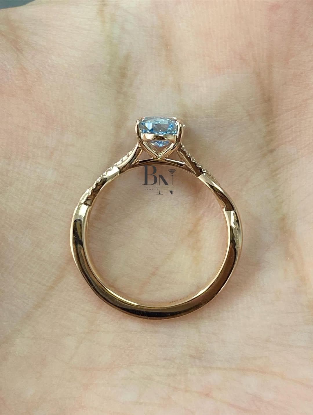 1.50ct Oval Blue Lab Grown Diamond Engagement Ring | Twisted Pavé Band 14K Rose Gold