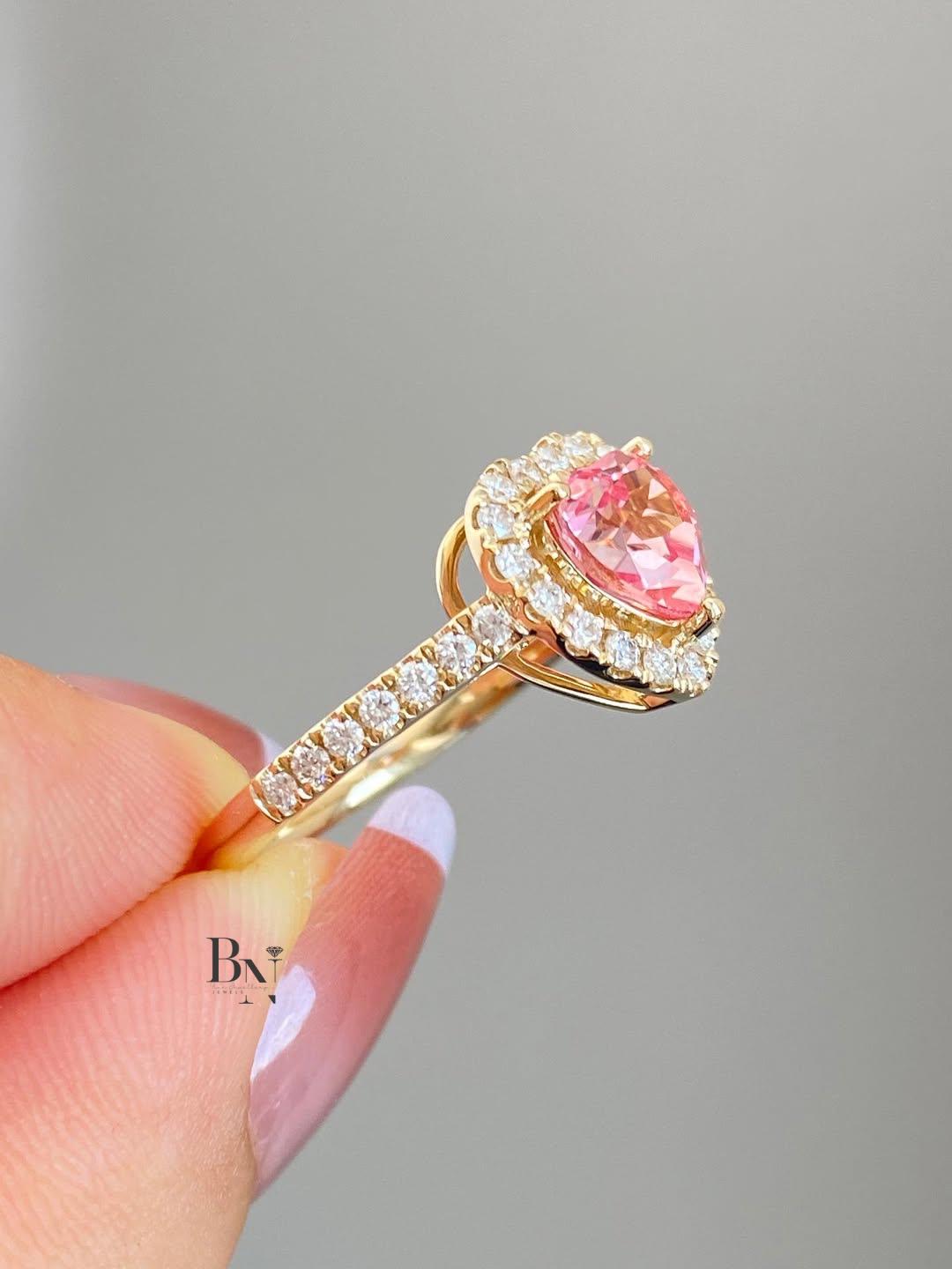 1.50ct Fancy Pink Heart Lab Grown Diamond Engagement Ring | Halo Pavé Band 14K Yellow Gold