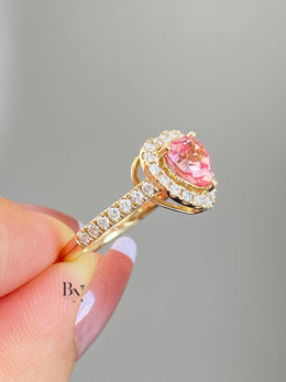 1.50ct Fancy Pink Heart Lab Grown Diamond Engagement Ring | Halo Pavé Band 14K Yellow Gold