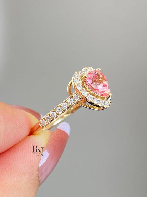 1.50ct Fancy Pink Heart Lab Grown Diamond Engagement Ring | Halo Pavé Band 14K Yellow Gold