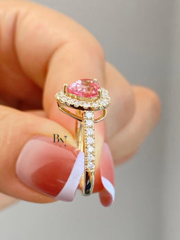 1.50ct Fancy Pink Heart Lab Grown Diamond Engagement Ring | Halo Pavé Band 14K Yellow Gold