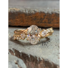 1ct Oval Lab Grown Diamond Engagement Ring | Nature Inspired Asymmetrical Cluster 14K Yellow Gold