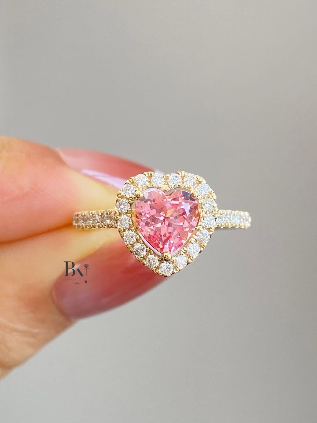 1.50ct Fancy Pink Heart Lab Grown Diamond Engagement Ring | Halo Pavé Band 14K Yellow Gold