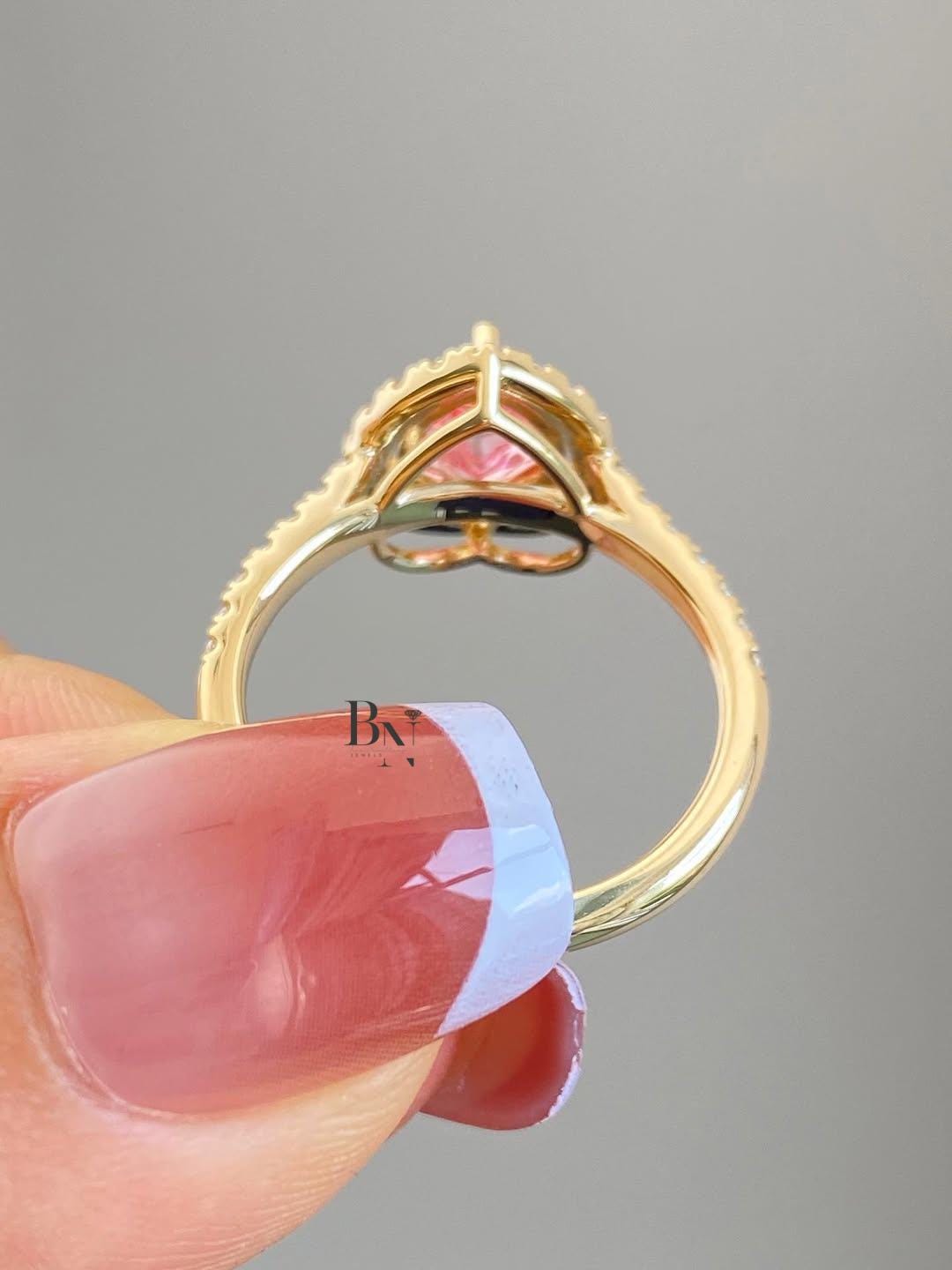1.50ct Fancy Pink Heart Lab Grown Diamond Engagement Ring | Halo Pavé Band 14K Yellow Gold