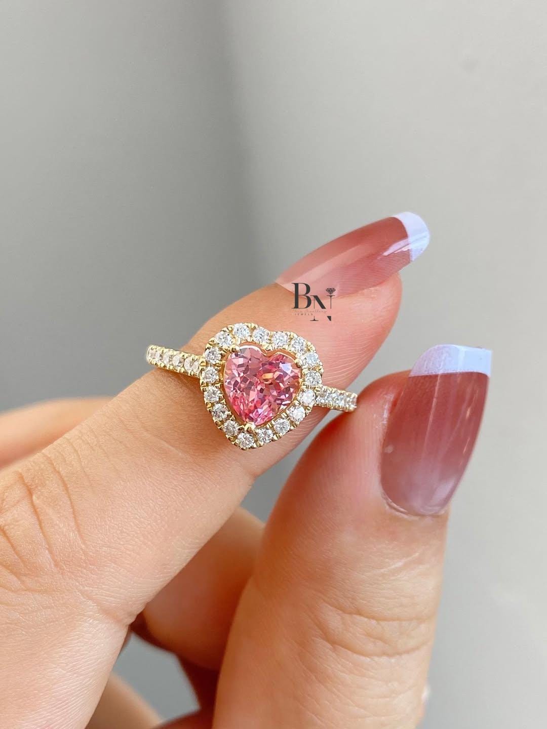 1.50ct Fancy Pink Heart Lab Grown Diamond Engagement Ring | Halo Pavé Band 14K Yellow Gold
