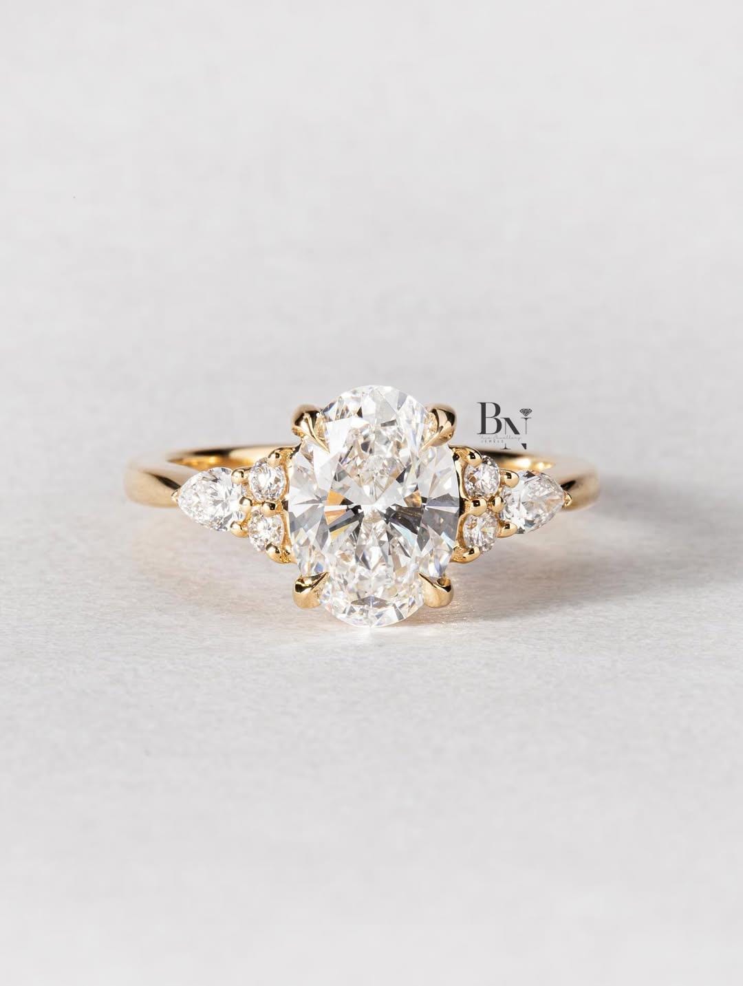 2ct Oval Lab Grown Diamond Engagement Ring | Cluster Pear Side Stones Nature Inspired 14K Gold