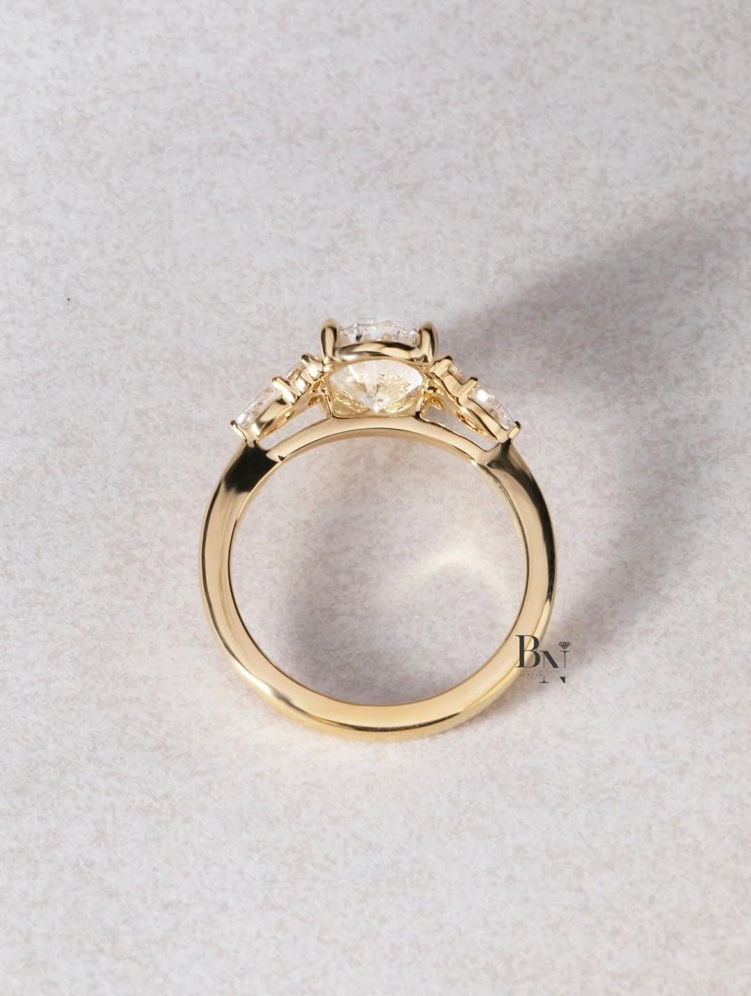 2ct Oval Lab Grown Diamond Engagement Ring | Cluster Pear Side Stones Nature Inspired 14K Gold