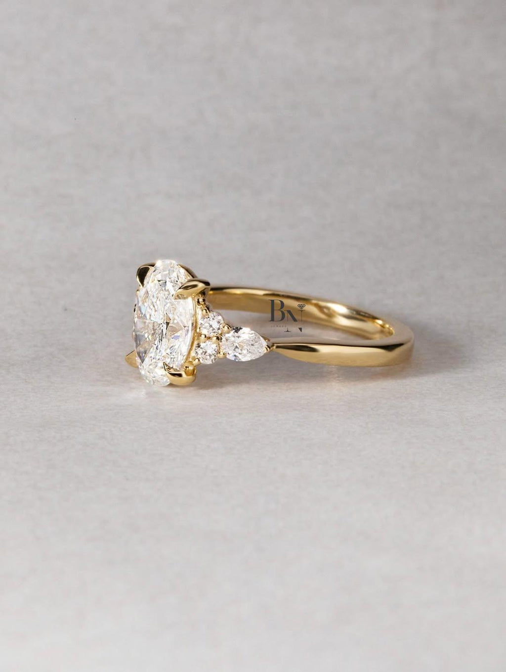 2 Carat Oval Lab Diamond Engagement Ring | Unique Cluster Ring with Pear Side Stones | Ethical Nature Inspired Proposal Gift