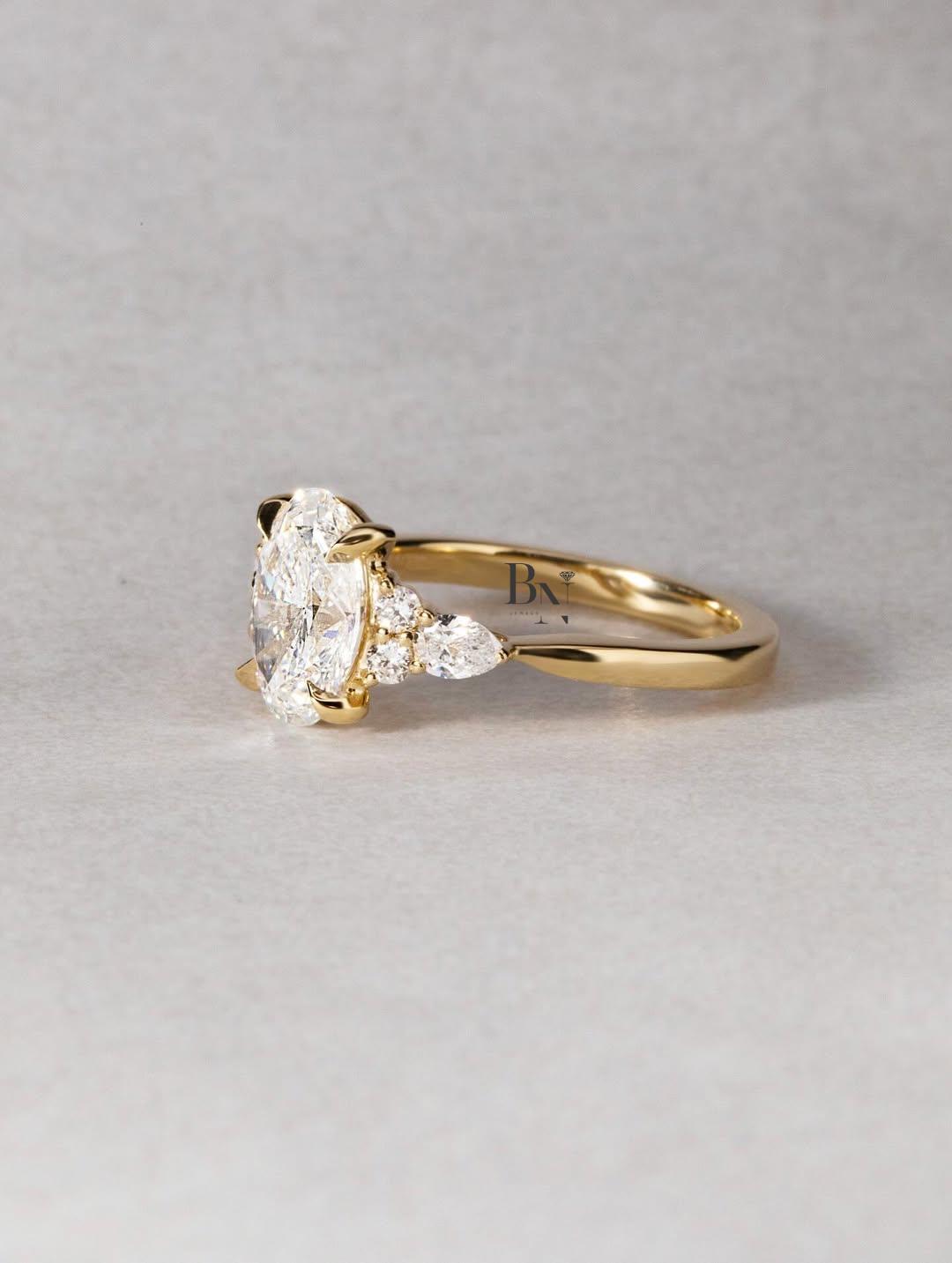 2ct Oval Lab Grown Diamond Engagement Ring | Cluster Pear Side Stones Nature Inspired 14K Gold
